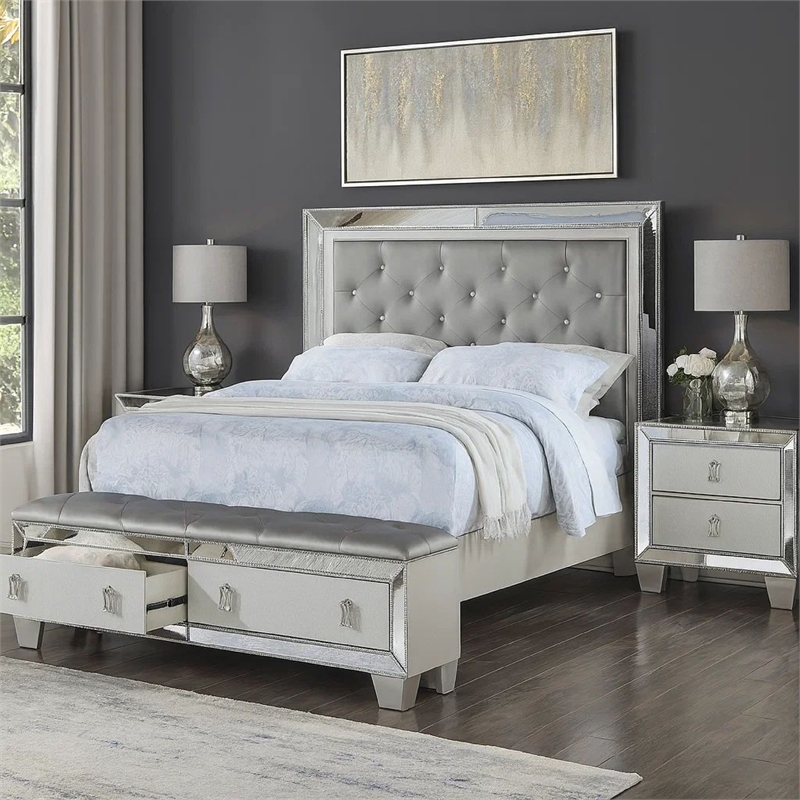 Bowery Hill California King Storage Bed in Silver Faux Leather