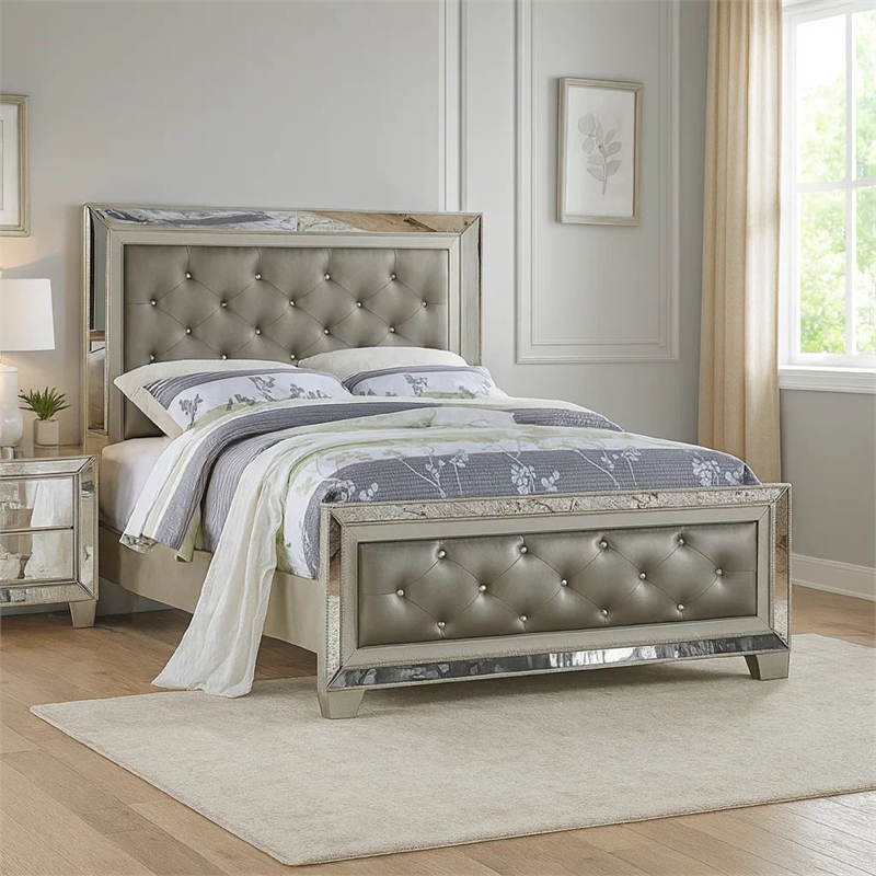 Bowery Hill California King Bed with Mirror Inlay in Gray Faux Leather
