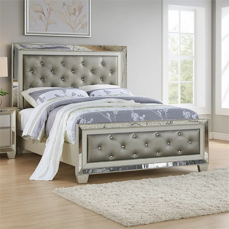 Bowery Hill California King Bed with Mirror Inlay in Gray Faux Leather