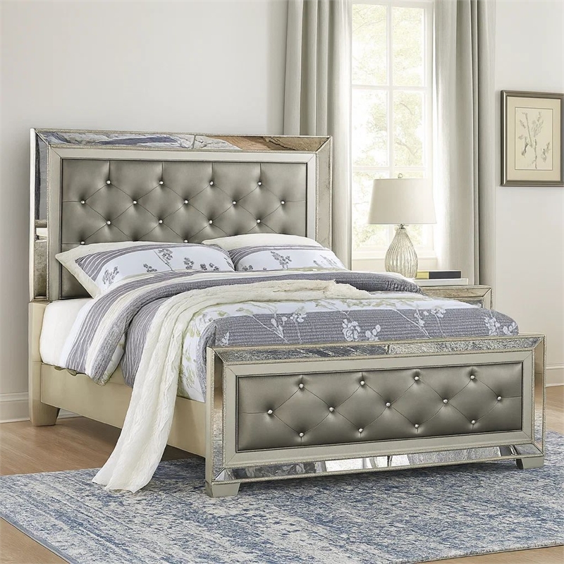 Bowery Hill California King Bed with Mirror Inlay in Gray Faux Leather