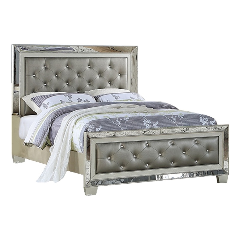 Bowery Hill California King Bed with Mirror Inlay in Gray Faux Leather
