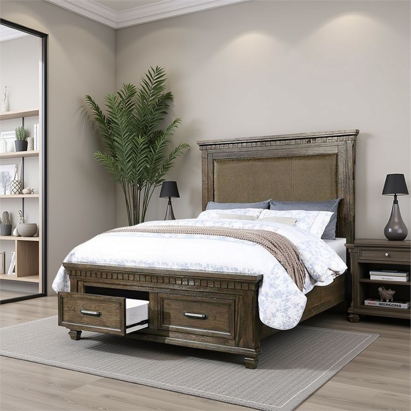 Bowery Hill Classic Queen Size Bed with 2 Storage Drawers in Brown