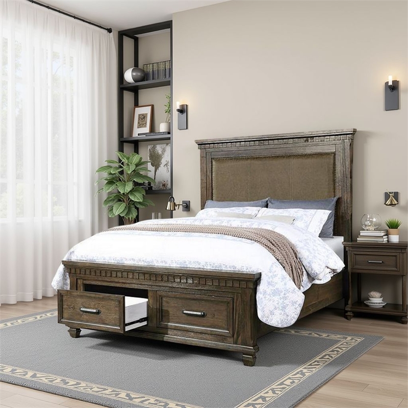 Bowery Hill Classic Wood Queen Size Bed with Storage Drawers in Brown