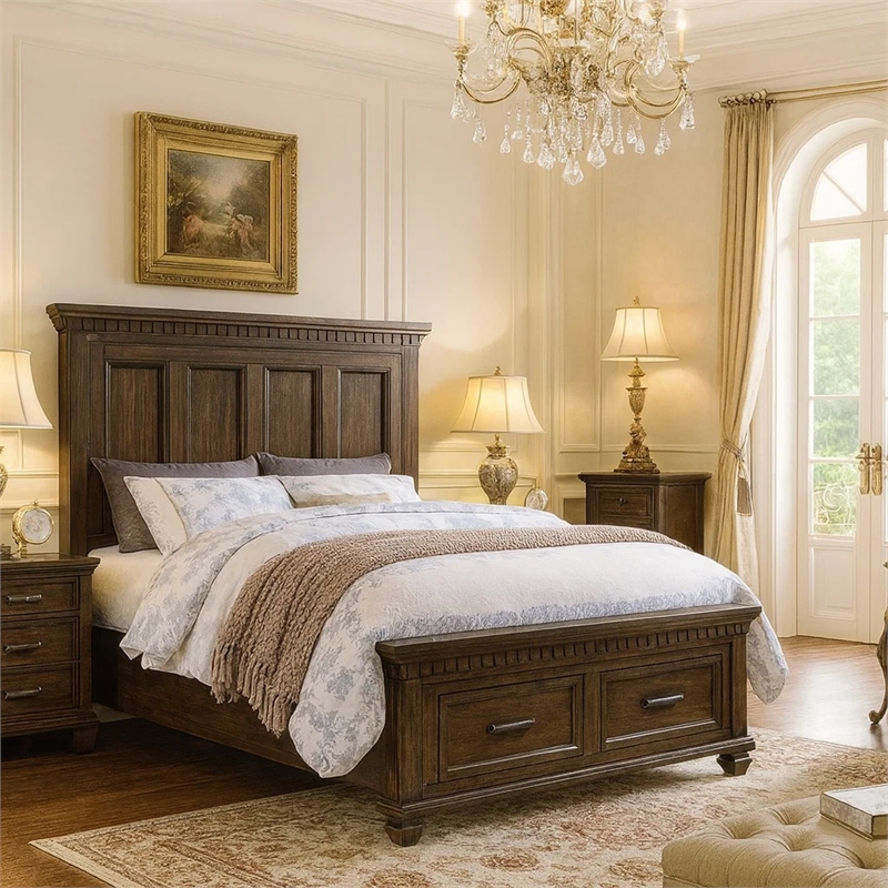 Bowery Hill Classic California King Bed with Storage Drawers in Brown