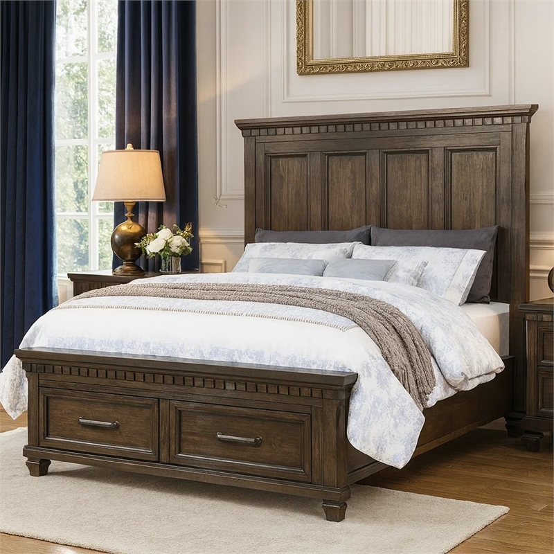 Bowery Hill Classic California King Bed with Storage Drawers in Brown