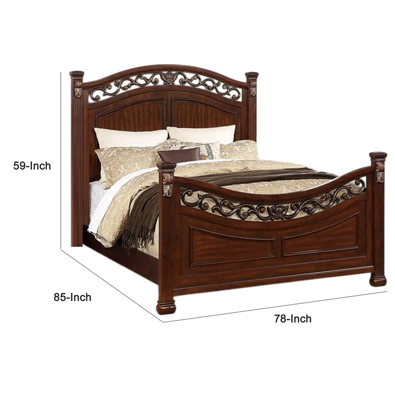 Bowery Hill Arched Carved Leaf King Size Bed with Bun Feet in Oak Brown