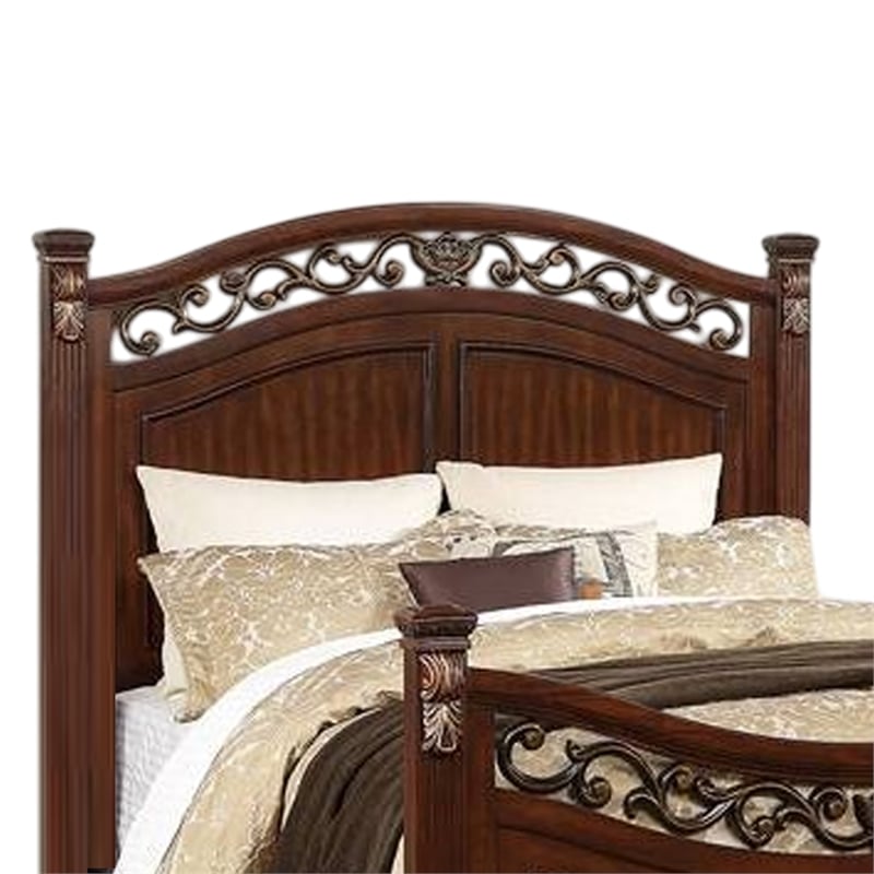 Bowery Hill Arched Carved Leaf King Size Bed with Bun Feet in Oak Brown