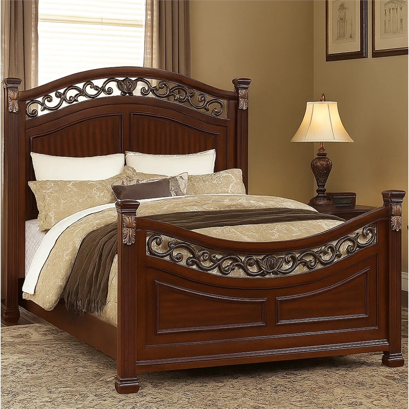Bowery Hill Arched Carved Leaf King Size Bed with Bun Feet in Oak Brown