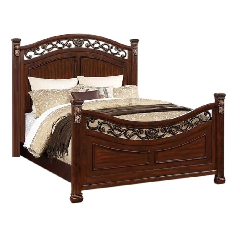 Bowery Hill Arched Carved Leaf King Size Bed with Bun Feet in Oak Brown