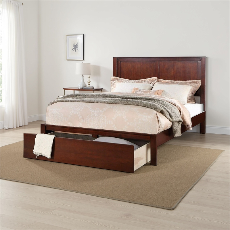 Bowery Hill Platform King Size Bed with Panel Design in Cherry Brown