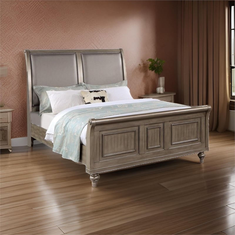 Bowery Hill Queen Size Bed with Faux Leather and Nailhead Trim in Gold