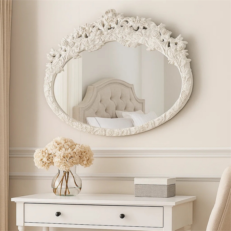 Bowery Hill 69 in Oval Wall Mirror with Carved Wood Frame in White