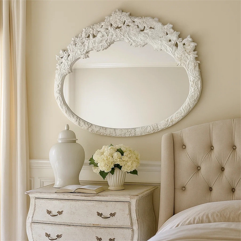 Bowery Hill 69 in Oval Wall Mirror with Carved Wood Frame in White