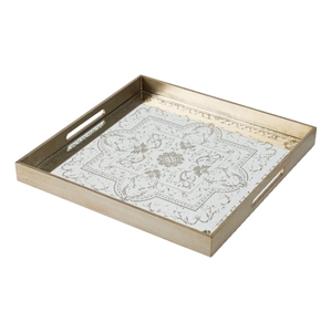 Bowery Hill 20&quot Square Decorative Tray with Mirrored Floral Pattern in Gold