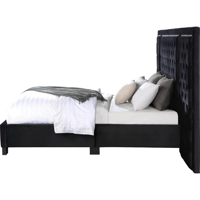 Bowery Hill Queen Platform Bed with Crystal Tufted Headboard in Black