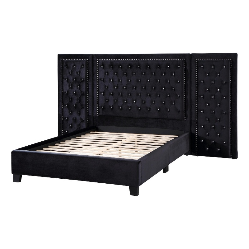 Bowery Hill Queen Platform Bed with Crystal Tufted Headboard in Black