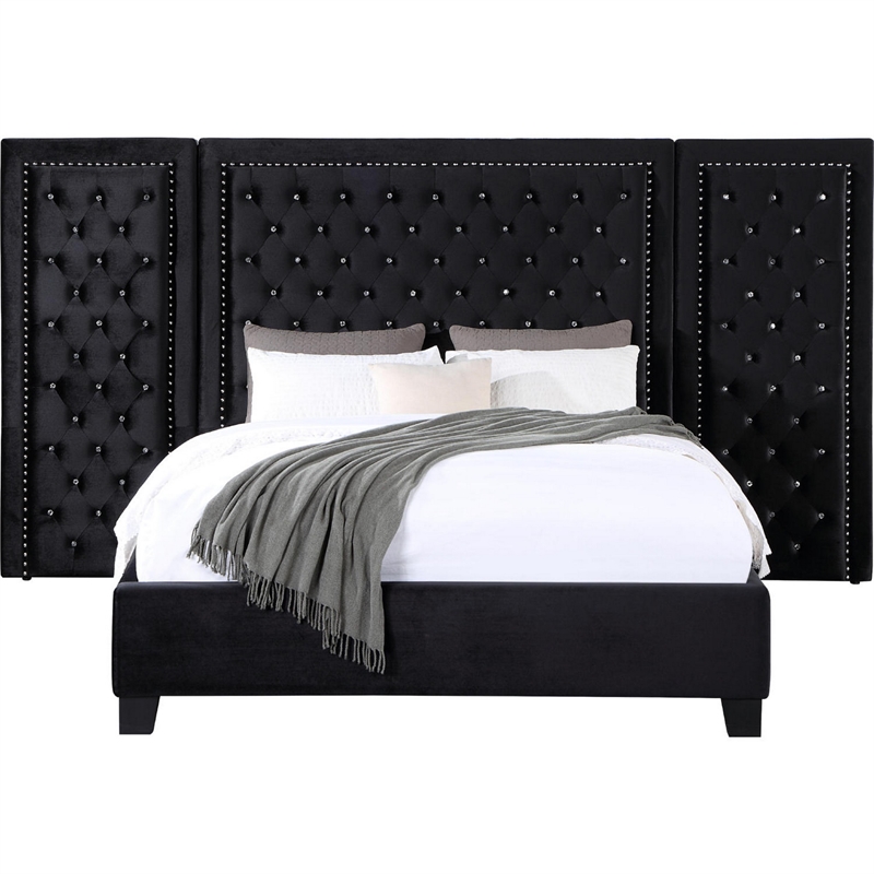 Bowery Hill Queen Platform Bed with Crystal Tufted Headboard in Black
