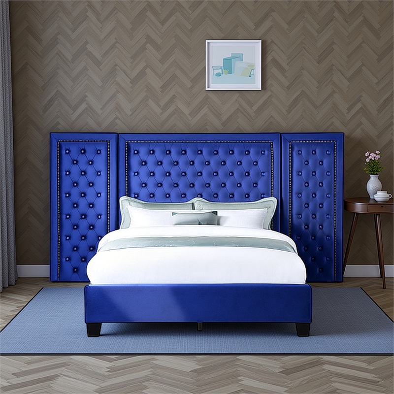 Bowery Hill Queen Platform Bed with Crystal Tufted Headboard in Blue