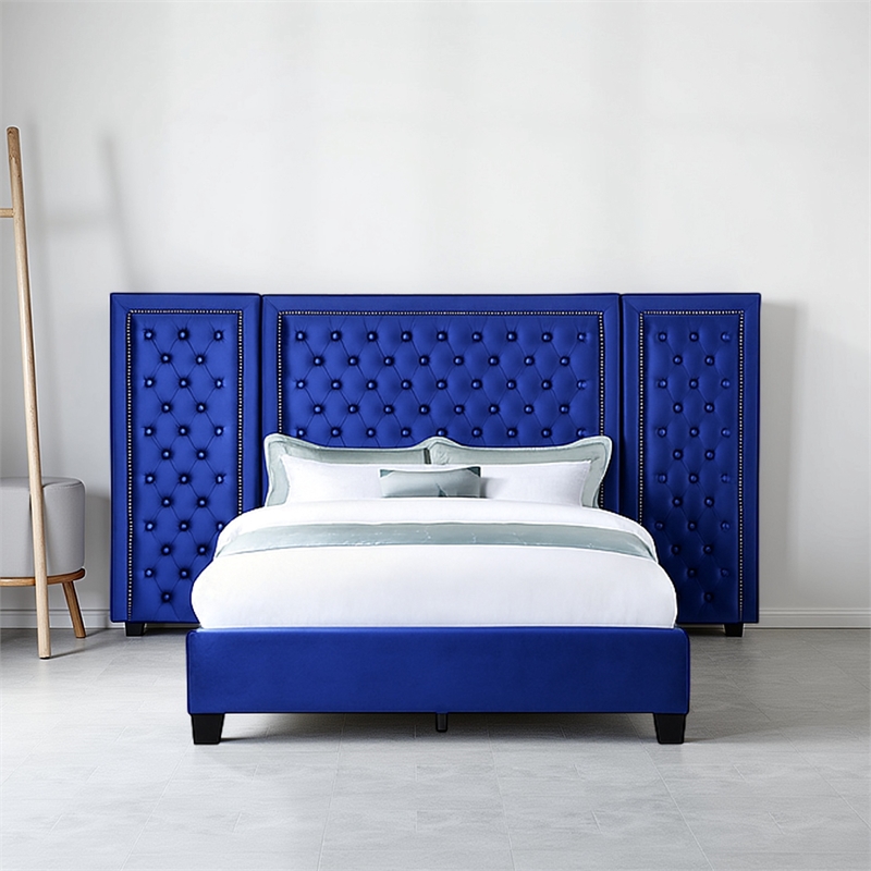 Bowery Hill King Platform Bed with Crystal Tufted Headboard in Blue