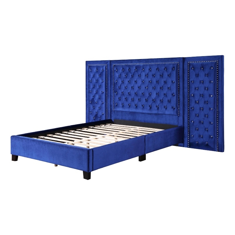Bowery Hill King Platform Bed with Crystal Tufted Headboard in Blue