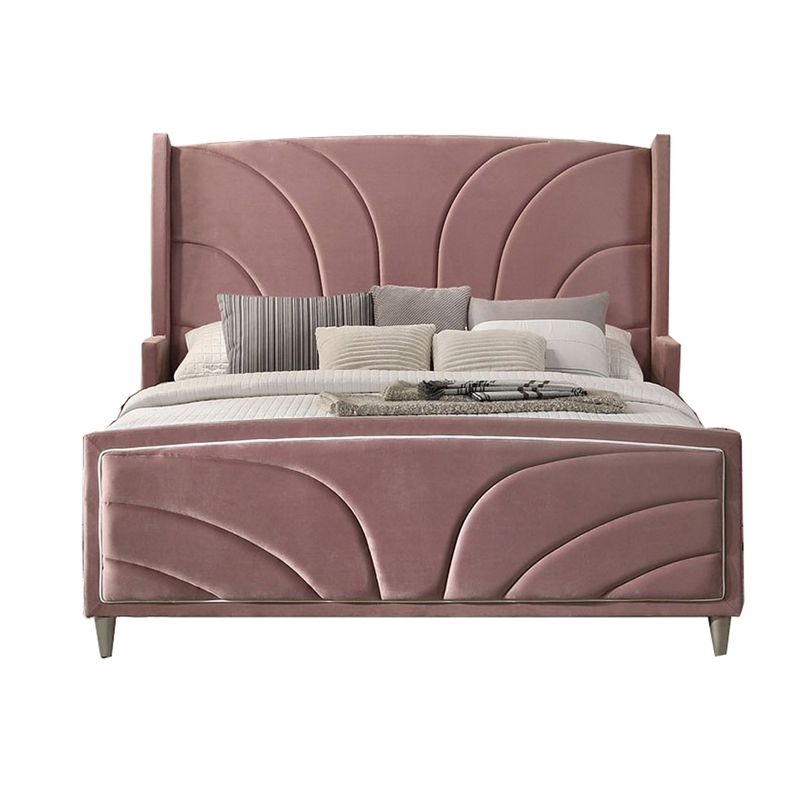 Bowery Hill Wood King Size Wingback Bed in Pink Velvet with Chrome Legs