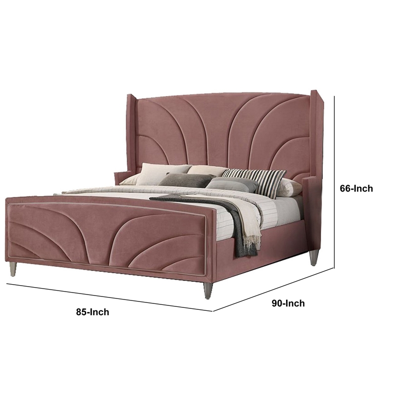 Bowery Hill Wood King Size Wingback Bed in Pink Velvet with Chrome Legs