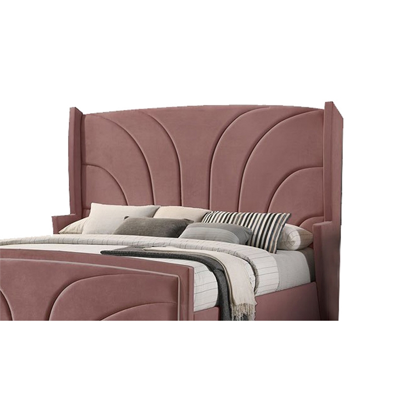 Bowery Hill Wood King Size Wingback Bed in Pink Velvet with Chrome Legs
