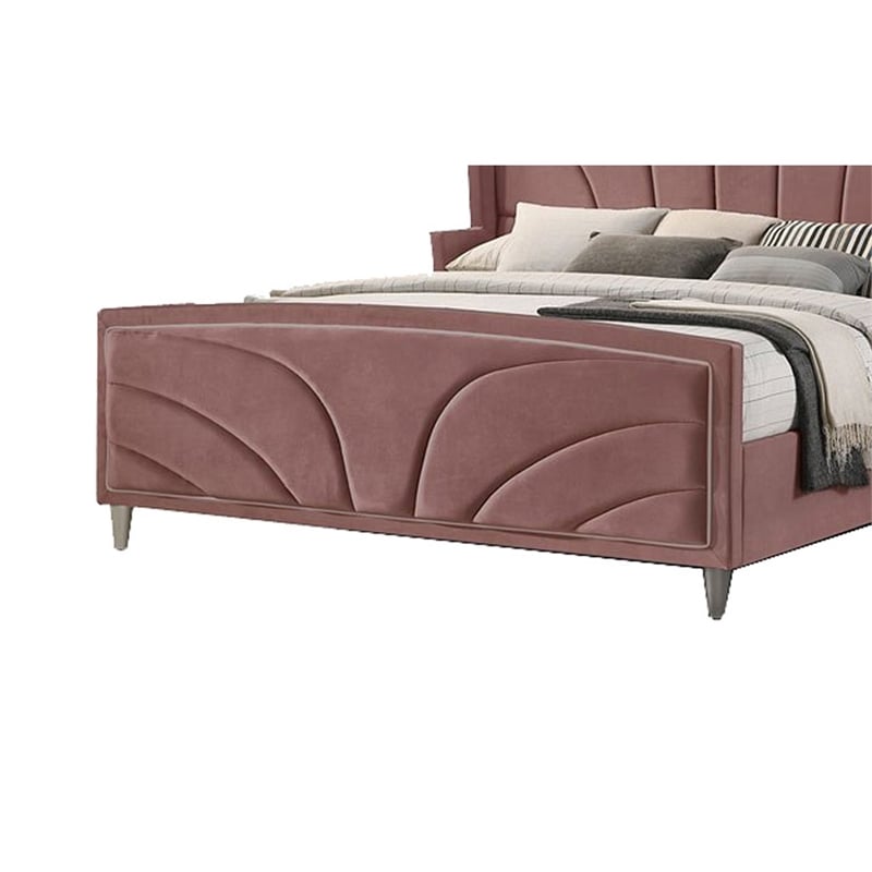 Bowery Hill Wood King Size Wingback Bed in Pink Velvet with Chrome Legs
