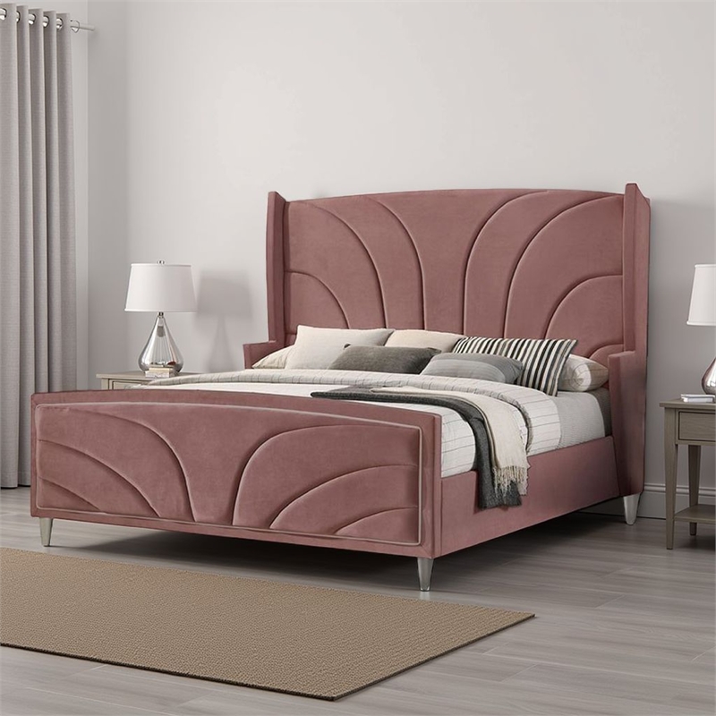 Bowery Hill Wood King Size Wingback Bed in Pink Velvet with Chrome Legs