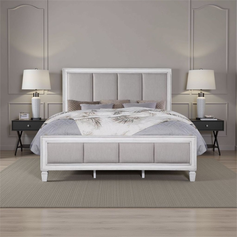 Bowery Hill King Channel Tufted Bed in Gray Fabric with White Wood Frame