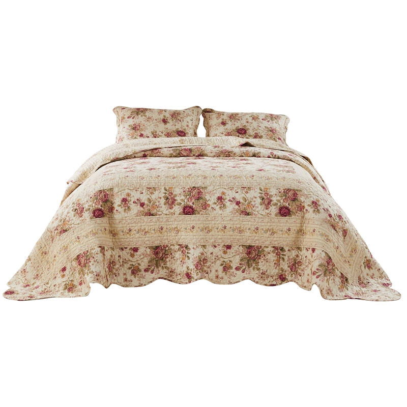 Bowery Hill 3 Piece King Bedspread Set with Floral Print in Cream and Pink