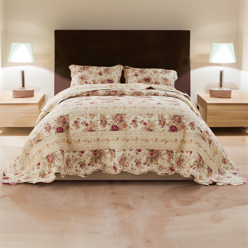Bowery Hill 3 Piece King Bedspread Set with Floral Print in Cream and Pink