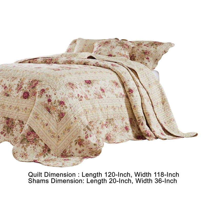Bowery Hill 3 Piece King Bedspread Set with Floral Print in Cream and Pink