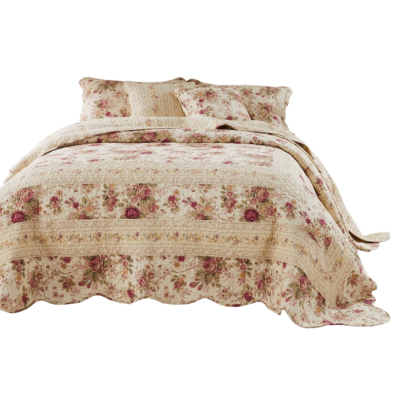 Bowery Hill 3 Piece King Bedspread Set with Floral Print in Cream and Pink