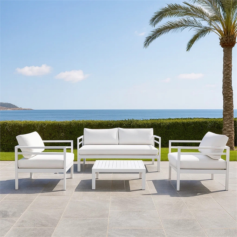 Bowery Hill 4 Piece Outdoor Aluminum Sofa Set with Fabric Cushions in White