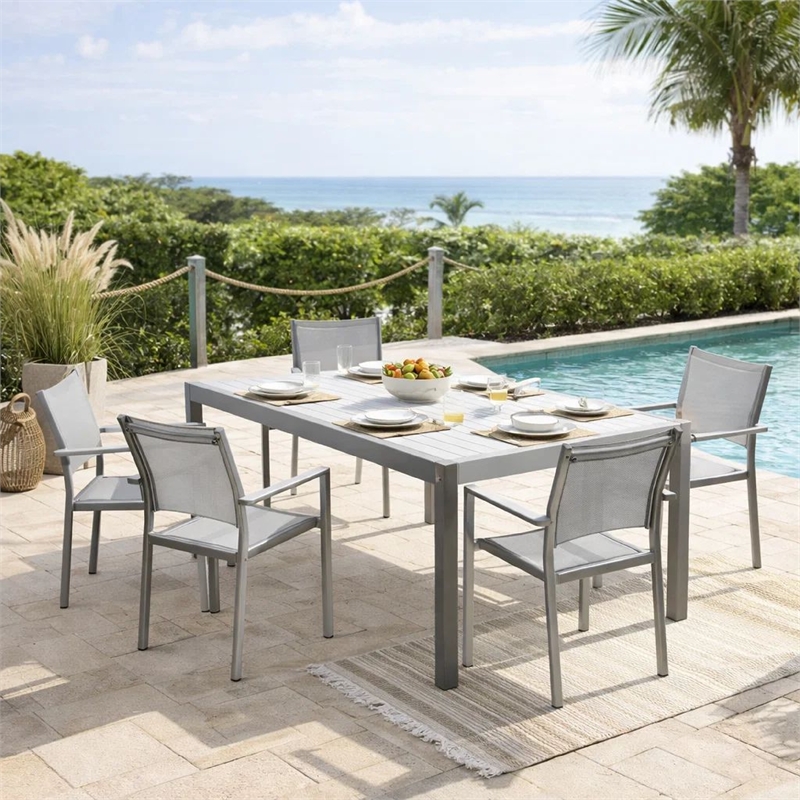 Bowery Hill 7 Piece Outdoor Dining Set with Textilene Mesh Seating in White