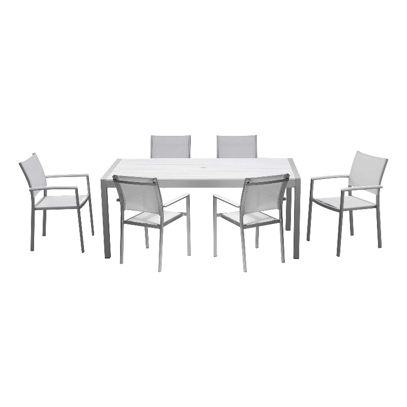 Bowery Hill 7 Piece Outdoor Dining Set with Textilene Mesh Seating in White