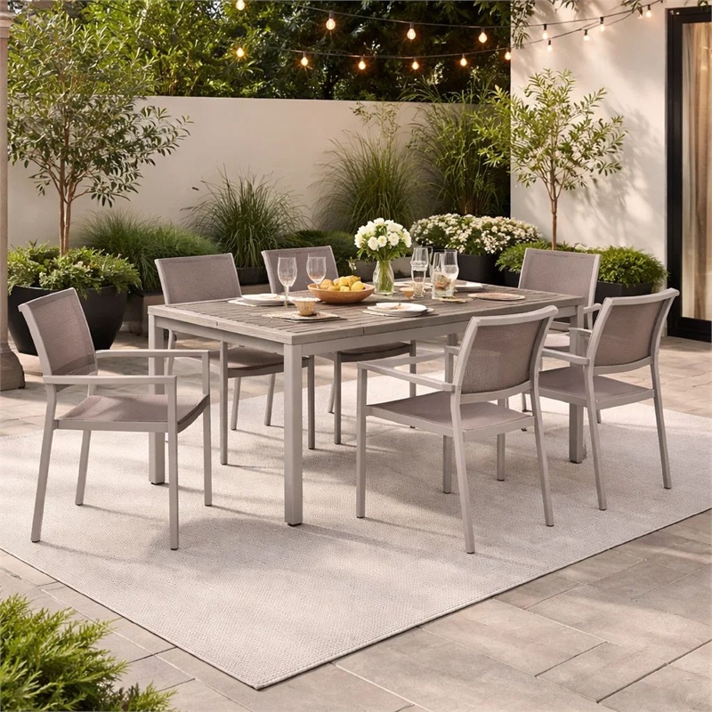 Bowery Hill 7 Piece Outdoor Dining Set with Textilene Mesh Seating in Gray