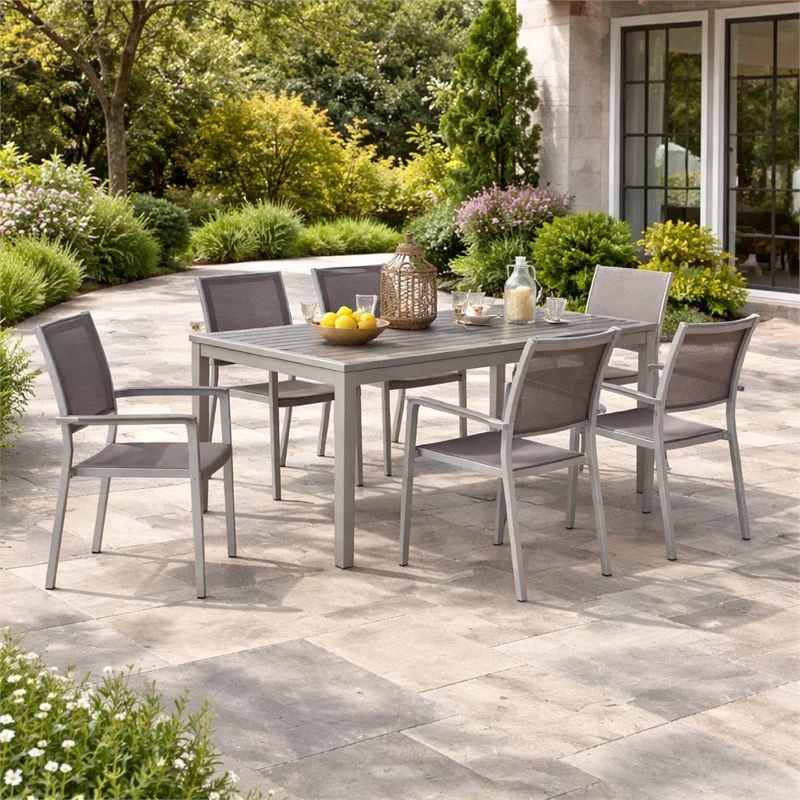 Bowery Hill 7 Piece Outdoor Dining Set with Textilene Mesh Seating in Gray