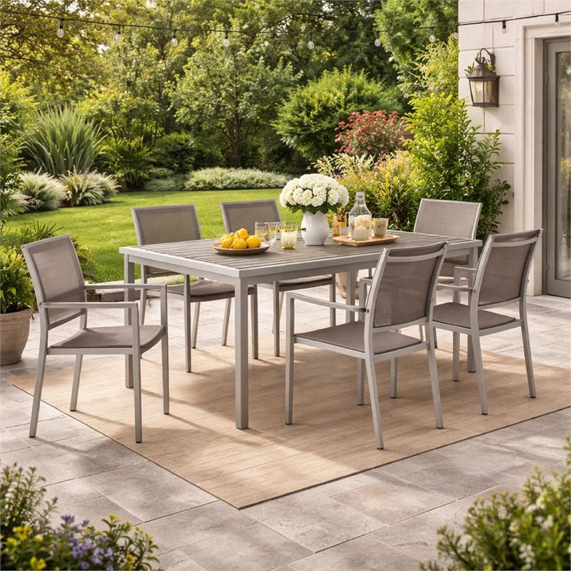 Bowery Hill 7 Piece Outdoor Dining Set with Textilene Mesh Seating in Gray