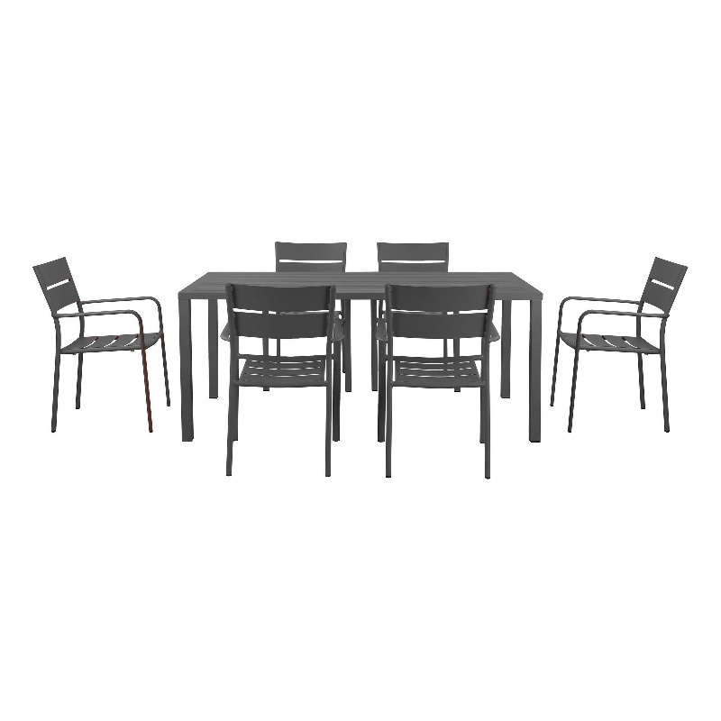 Bowery Hill 7 Piece Outdoor Aluminum Dining Set with Plank Seats in Gray