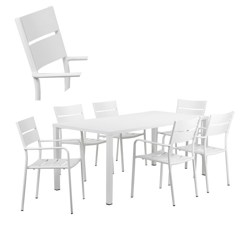 Bowery Hill 7 Piece Outdoor Aluminum Dining Set with Plank Seats in White
