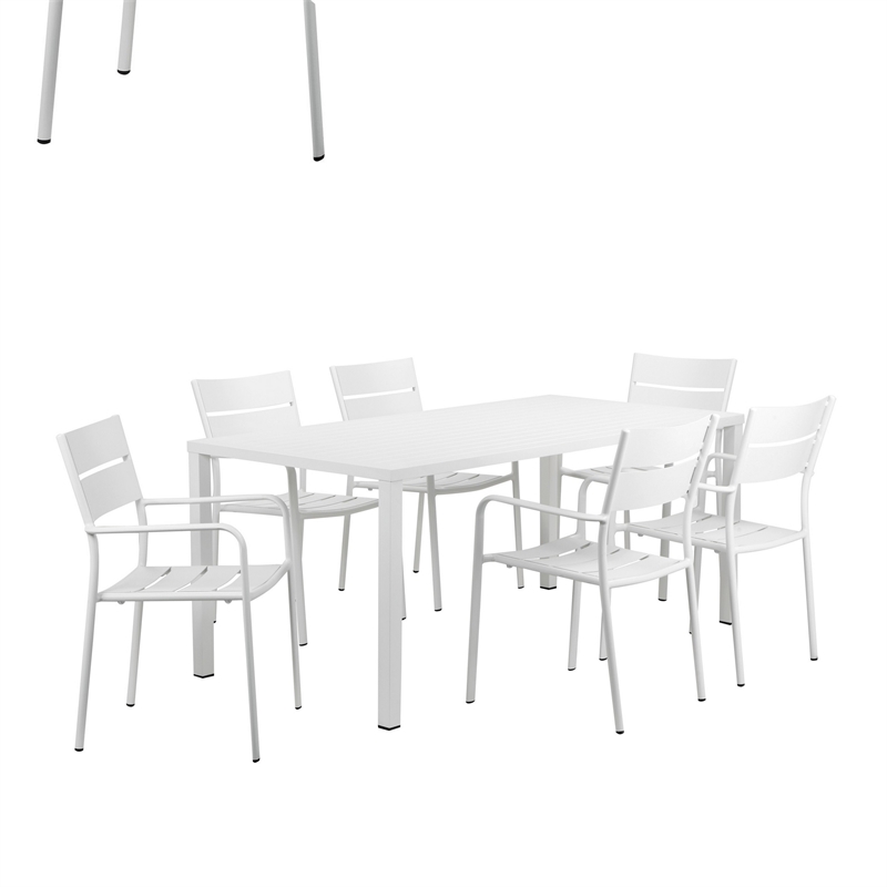 Bowery Hill 7 Piece Outdoor Aluminum Dining Set with Plank Seats in White