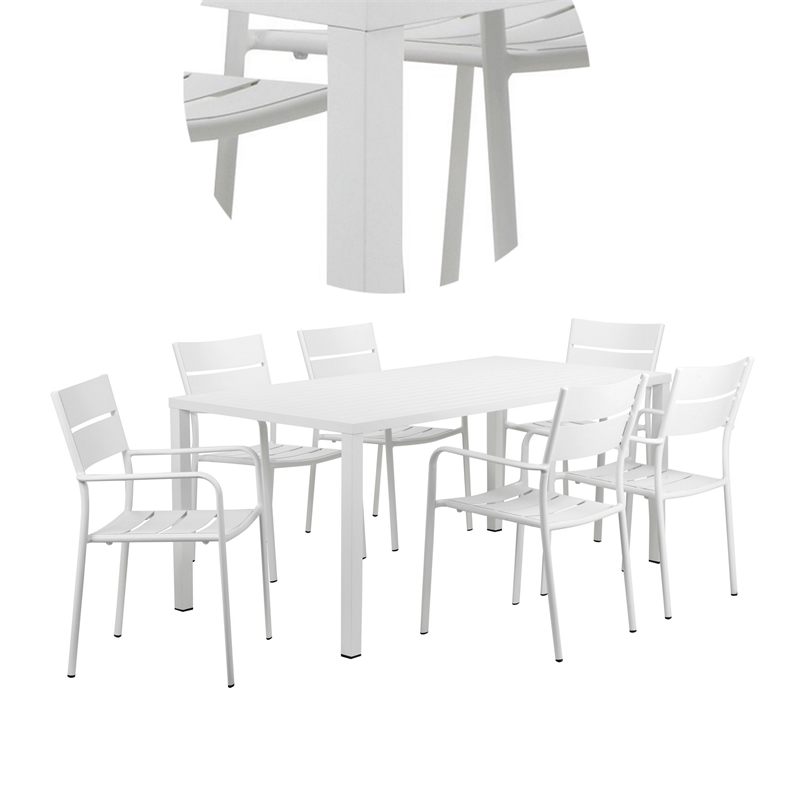 Bowery Hill 7 Piece Outdoor Aluminum Dining Set with Plank Seats in White