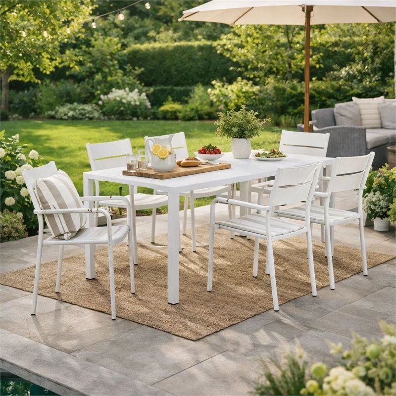 Bowery Hill 7 Piece Outdoor Aluminum Dining Set with Plank Seats in White