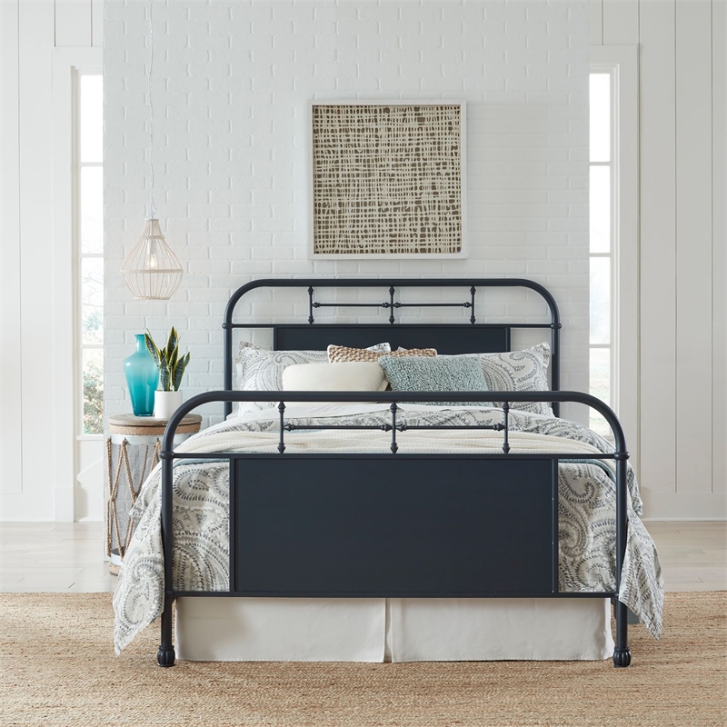 Bowery Hill King Metal Bed with Spindles and Center Panel in Navy