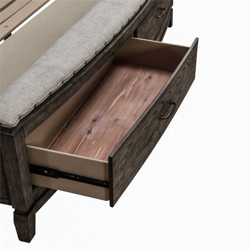 Bowery Hill Queen Storage Bed with Cedar Drawers and Bench Seat in Brown