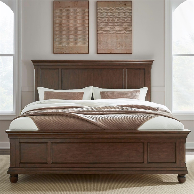 Bowery Hill Queen Panel Bed with Crown Headboard and Molding in Cherry