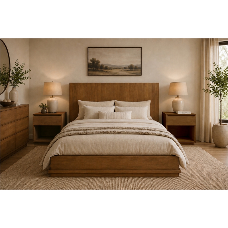 Bowery Hill Queen Bed with Low Profile Frame in Spice Tan on Mango Wood