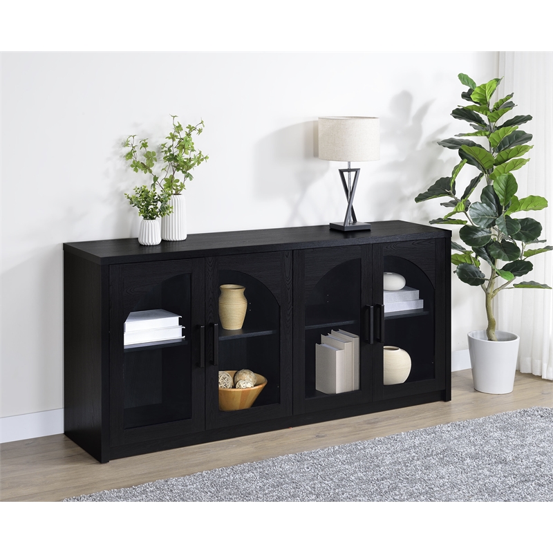 Bowery Hill 4 Door Sideboard Buffet with Arched Glass Doors in Black